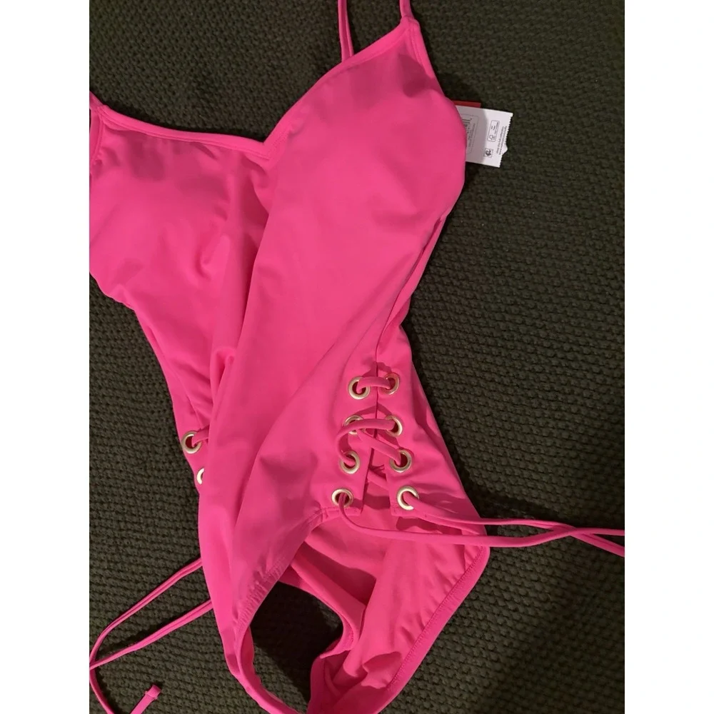 Sofia Vergara Swimsuit Women Pink Lace Up Side One Piece Neon Gold Grommet S 4-6